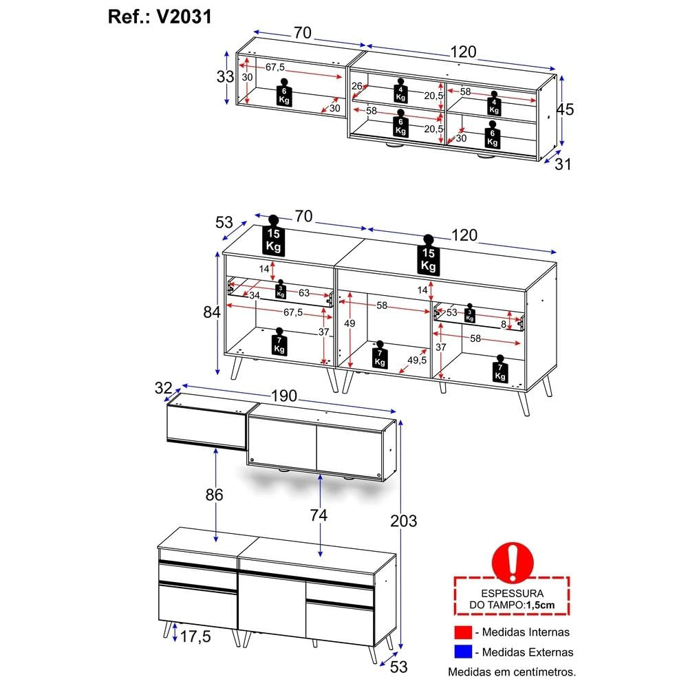 Encontraproduto.com.br - Armário de Cozinha Compacta 190cm com Leds Veneza Up Multimóveis V2031
