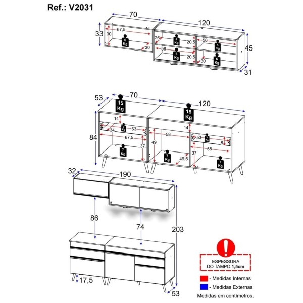 Encontraproduto.com.br - Armário de Cozinha Compacta 190cm com Leds Veneza Up Multimóveis V2031