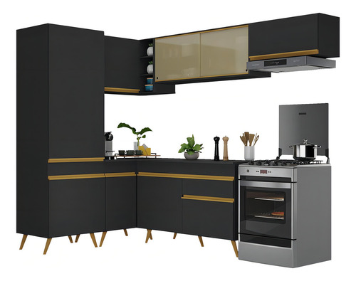 Armário De Cozinha Completa De Canto Veneza Multimóveis V2051 Preto/dourado Preto/dourado