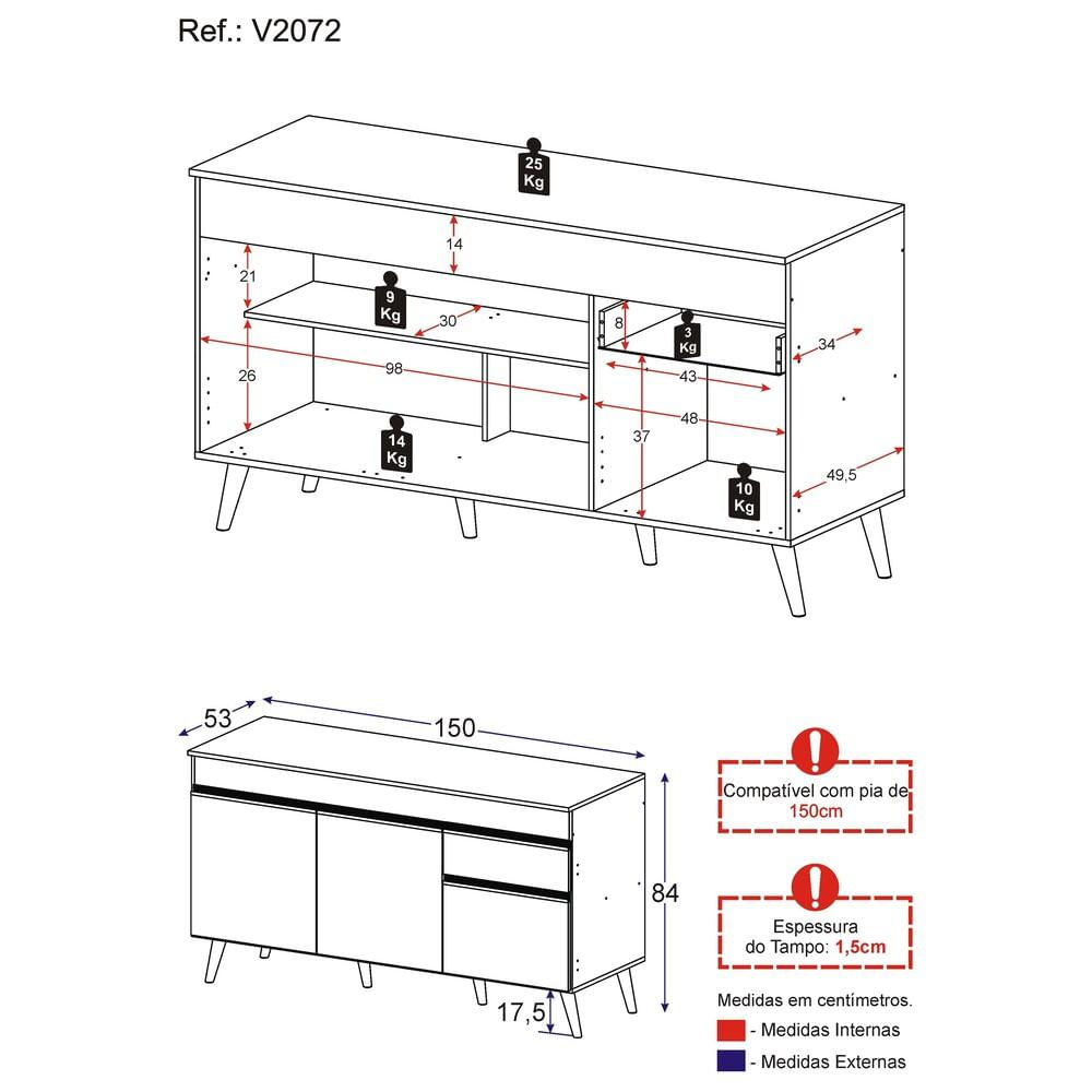 Encontraproduto.com.br - Balcão Cozinha Gabinete Pia 150cm 3 Portas 1 Gaveta Veneza Multimóveis V2072 Preto/branco