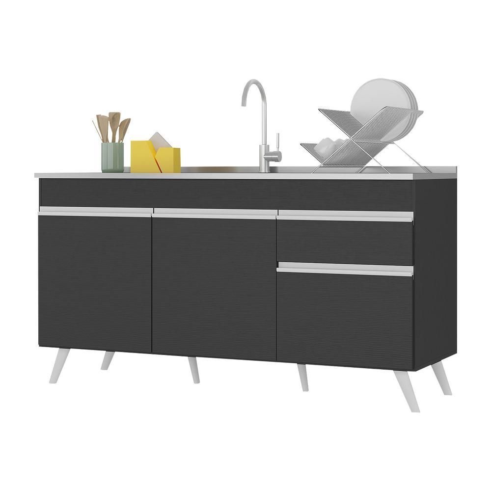 Encontraproduto.com.br - Balcão Cozinha Gabinete Pia 150cm 3 Portas 1 Gaveta Veneza Multimóveis V2072 Preto/branco