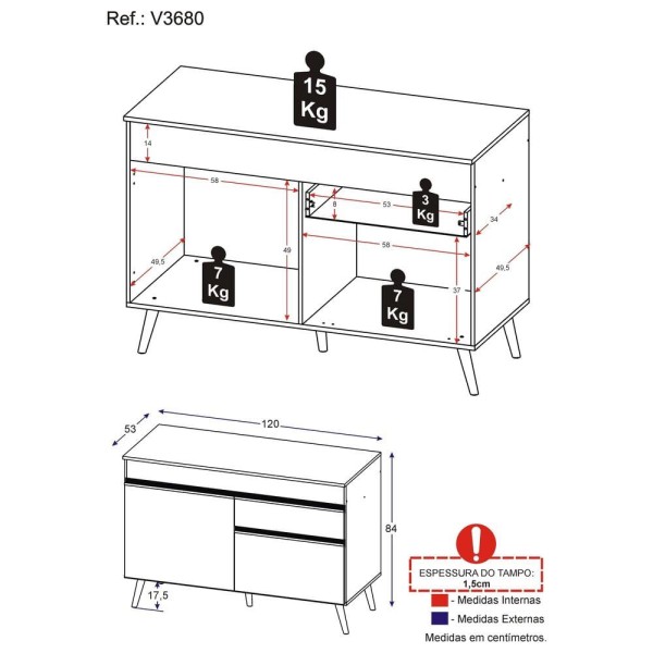 Encontraproduto.com.br - Balcão Cozinha 120cm 2 Portas 1 Gaveta Veneza Multimóveis V3680 Branco Branco