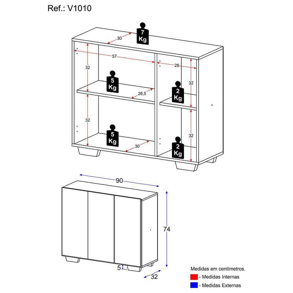 Encontraproduto.com.br - Aparador Buffet 3 Portas com Pés Quadrados Veneza Multimóveis V1010