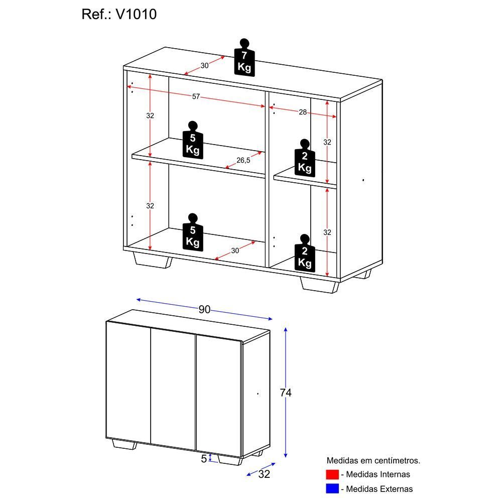 Encontraproduto.com.br - Aparador Buffet 3 Portas com Pés Quadrados Veneza Multimóveis V1010