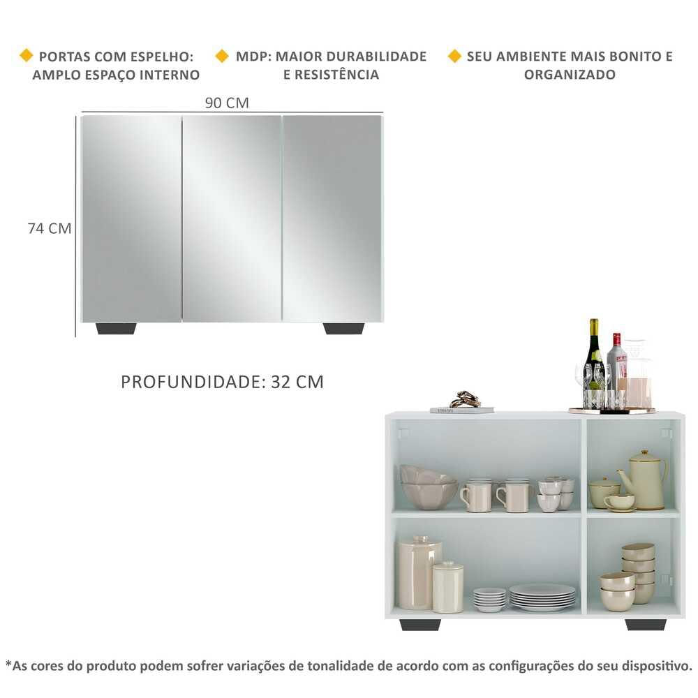 Encontraproduto.com.br - Aparador Buffet 3 Portas com Espelho e Pés Quadrados Vegas Multimóveis V1014