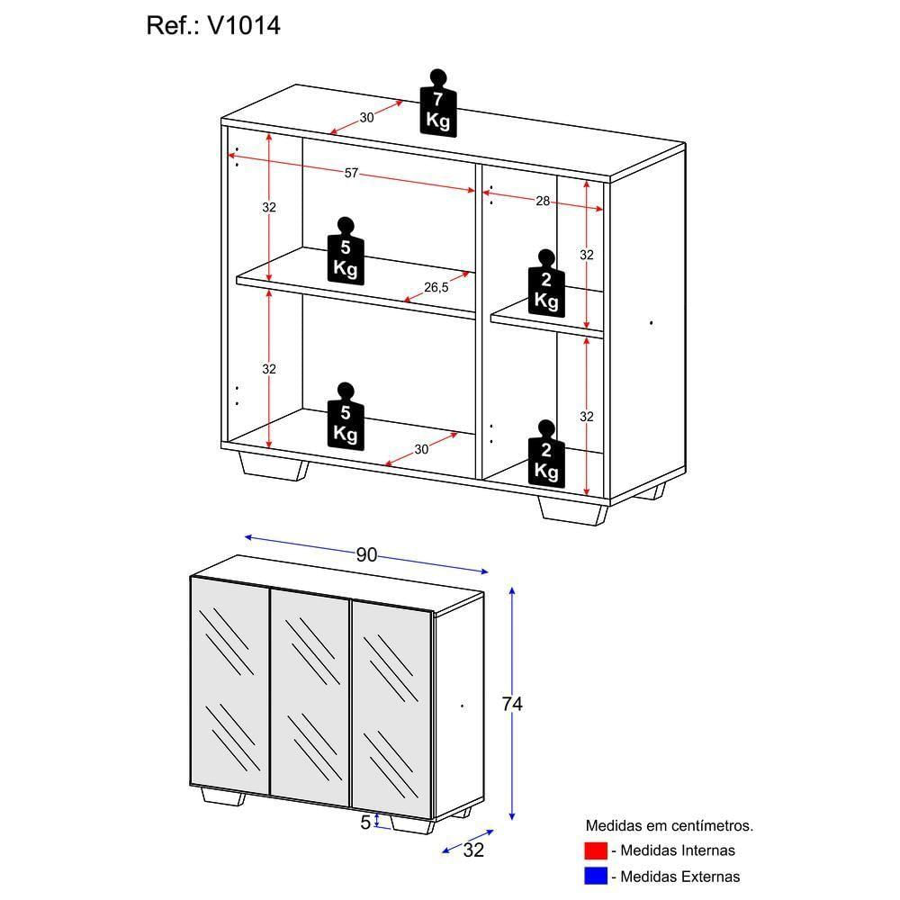 Encontraproduto.com.br - Aparador Buffet 3 Portas com Espelho e Pés Quadrados Vegas Multimóveis V1014
