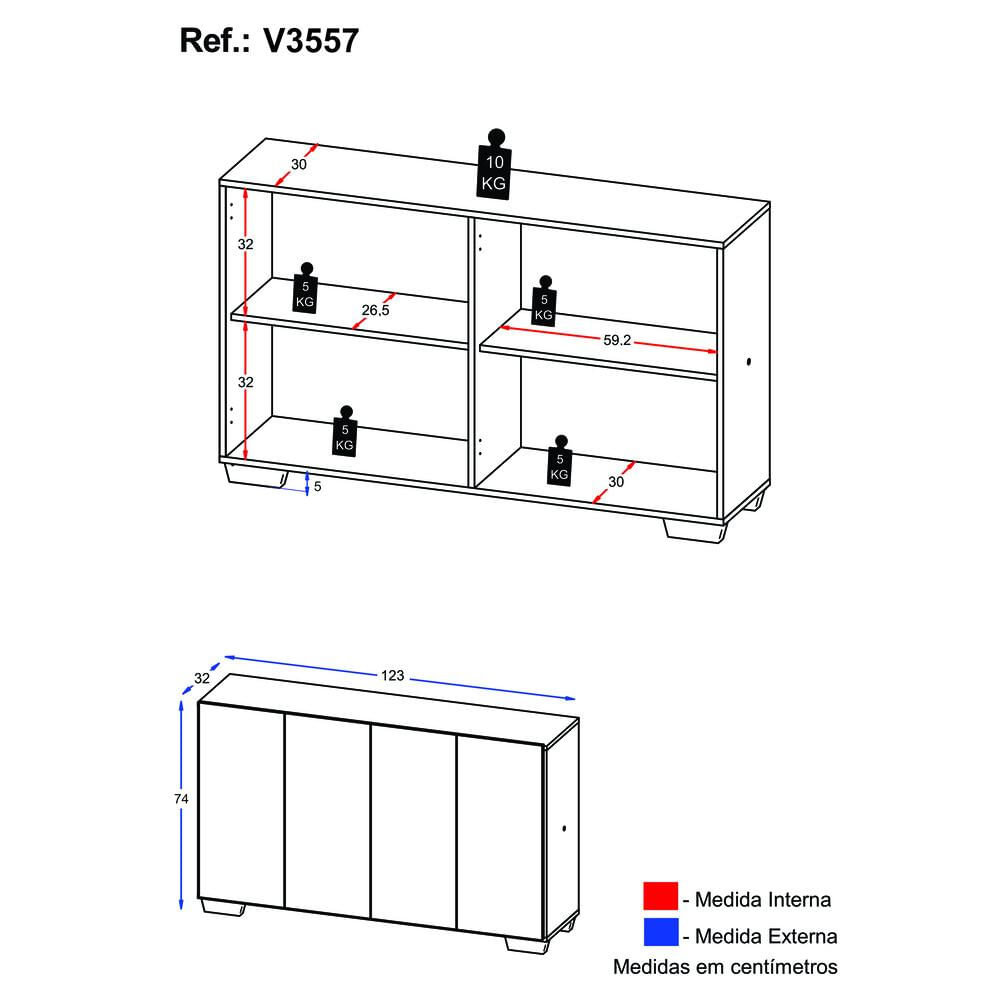Encontraproduto.com.br - Aparador Buffet 4 Portas com Pés Quadrados Veneza Multimóveis V3557