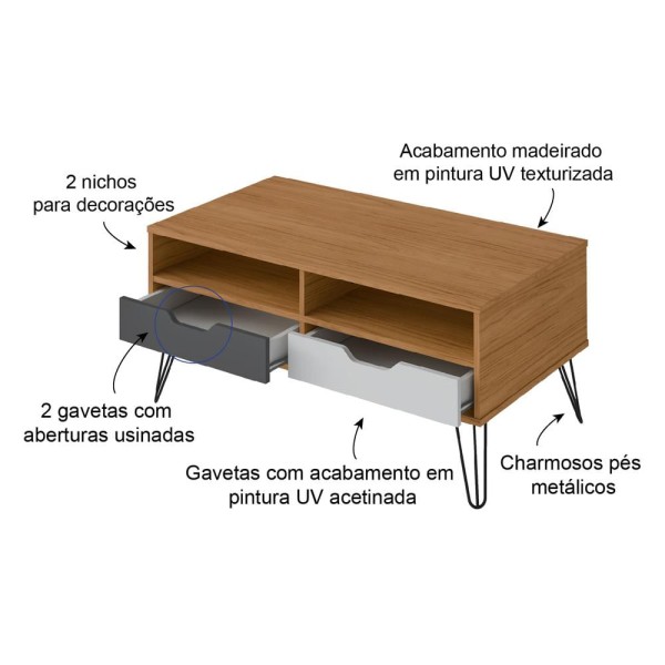 Encontraproduto.com.br - Mesa De Centro 100Cm Com 2 Gavetas Multimóveis Cr45144 Carvalho/Grafite Carvalho/Grafite