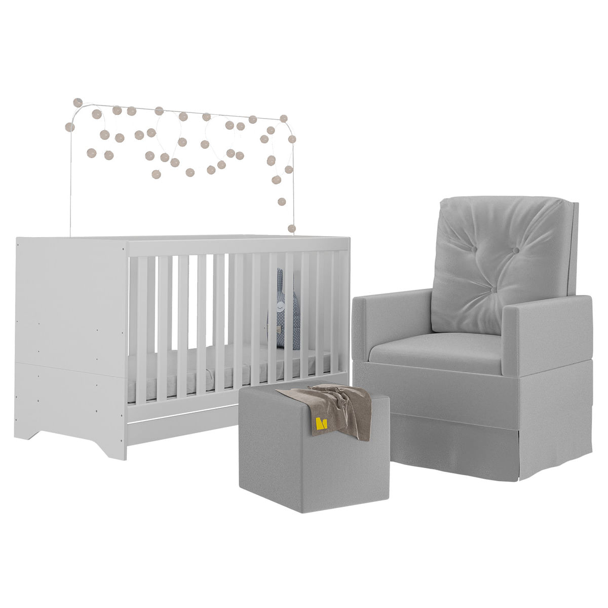 Encontraproduto.com.br - Berço 3x1 Com Poltrona De Amamentação E Puff Multimóveis Mp4076 Branco/cinza Branco/cinza