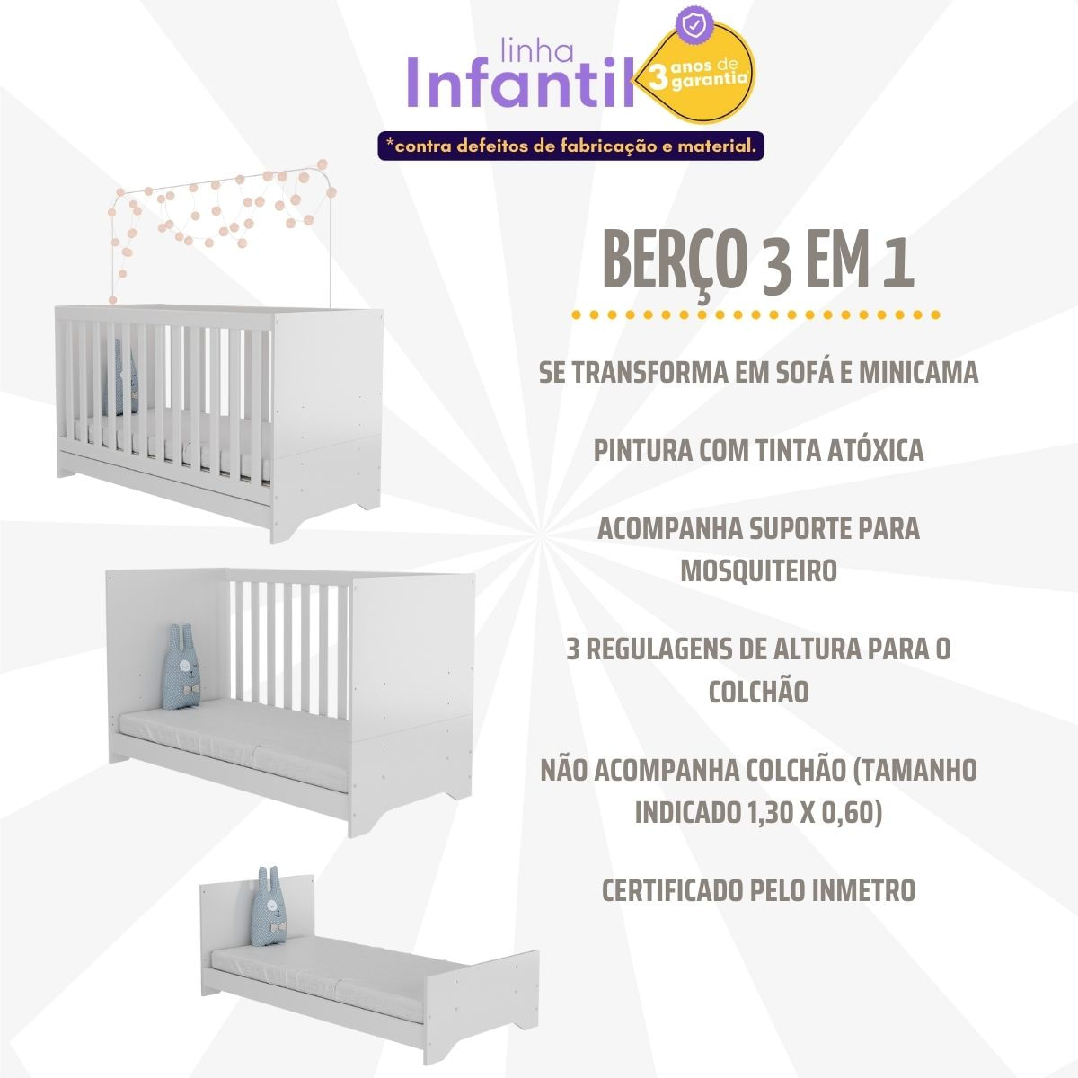 Encontraproduto.com.br - Berço 3x1 Com Poltrona De Amamentação E Puff Multimóveis Mp4076 Branco/cinza Branco/cinza