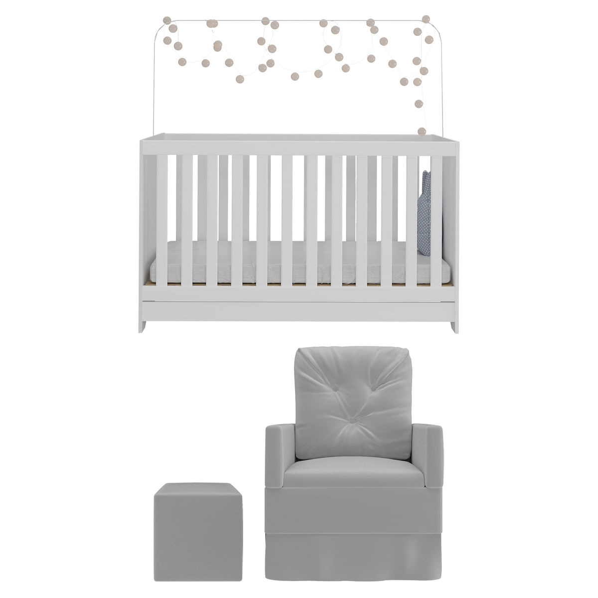 Encontraproduto.com.br - Berço 3x1 Com Poltrona De Amamentação E Puff Multimóveis Mp4076 Branco/cinza Branco/cinza