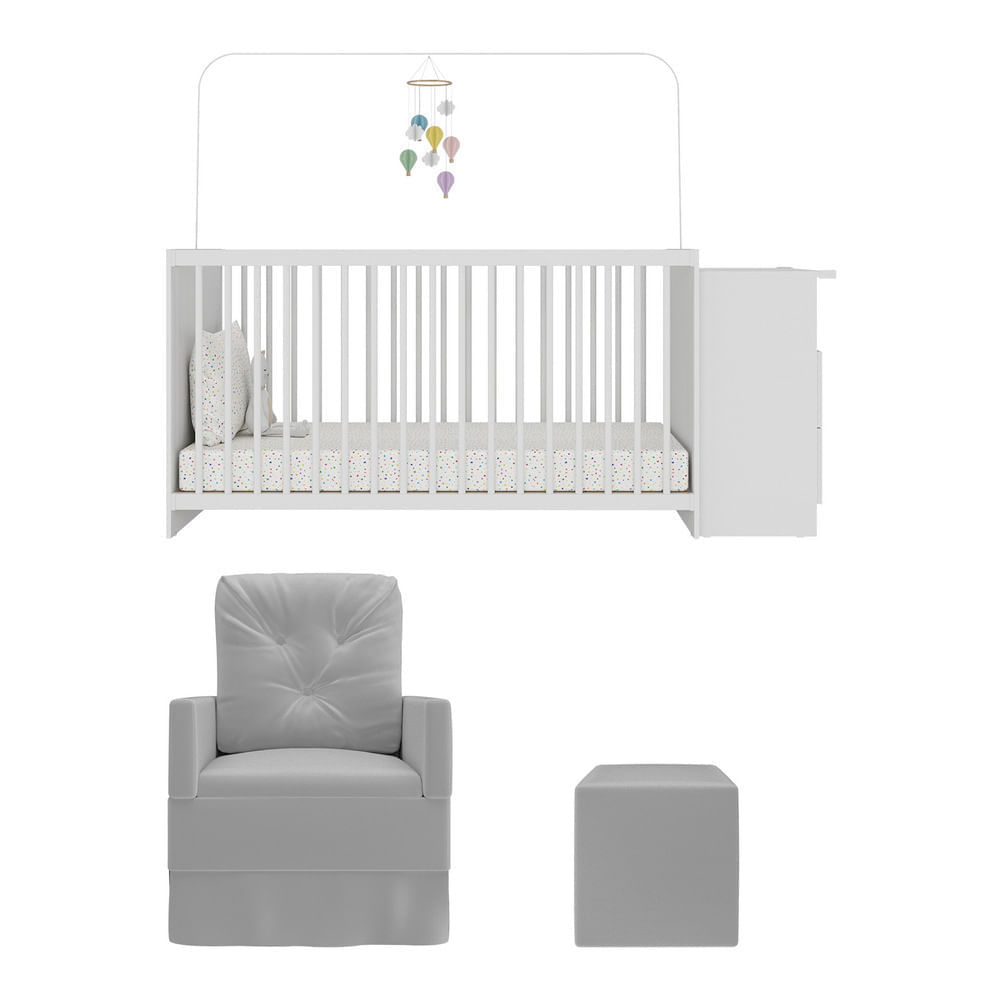Encontraproduto.com.br - Berço Cômoda Com Poltrona De Amamentação E Puff Meu Bebê Multimóveis Mp4078 Branco/cinza Branco/cinza