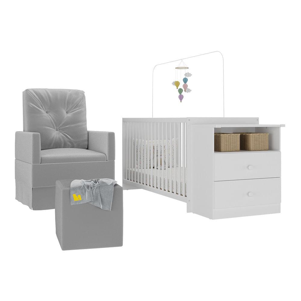 Encontraproduto.com.br - Berço Cômoda Com Poltrona De Amamentação E Puff Meu Bebê Multimóveis Mp4078 Branco/cinza Branco/cinza