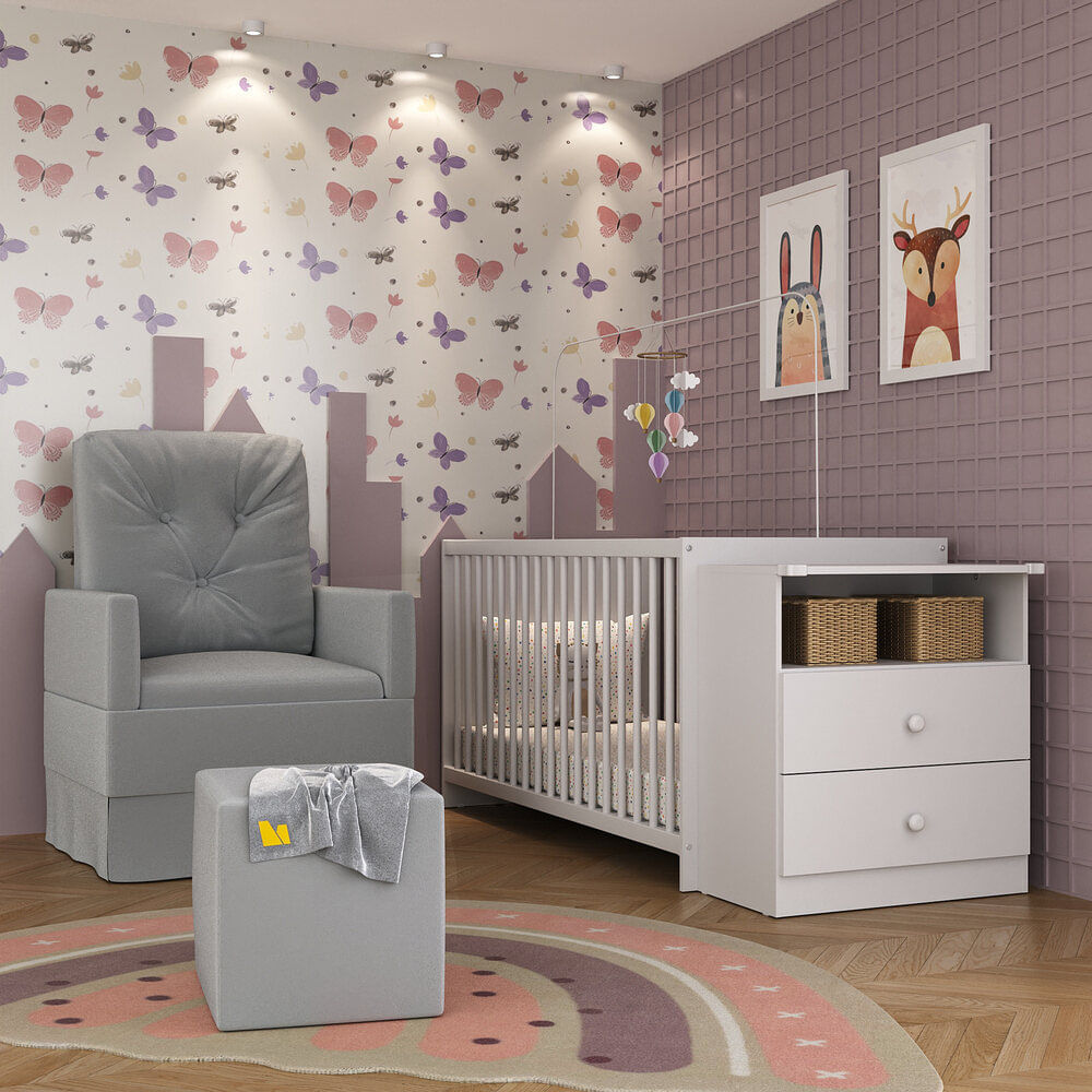 Encontraproduto.com.br - Berço Cômoda Com Poltrona De Amamentação E Puff Meu Bebê Multimóveis Mp4078 Branco/cinza Branco/cinza