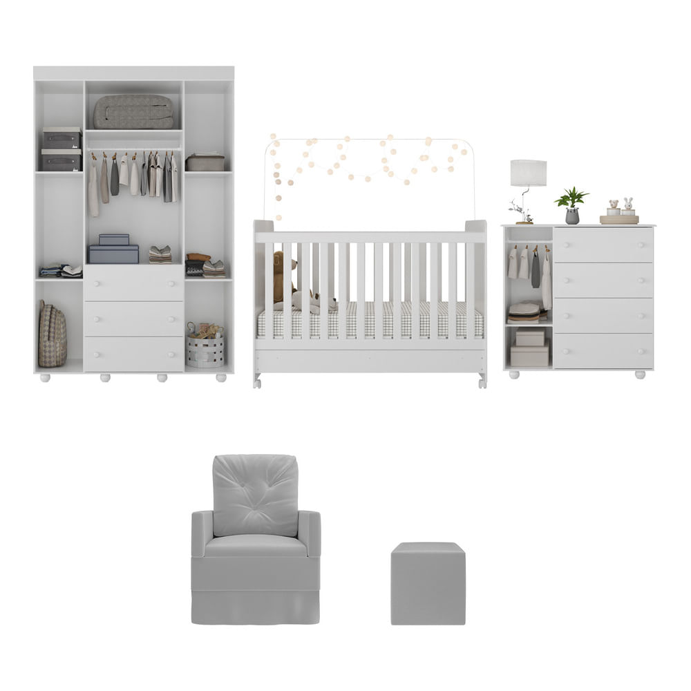 Encontraproduto.com.br - Quarto Completo com Poltrona de Amamentação e Puff Pimpolho Multimóveis MP4079 Branco/Cinza