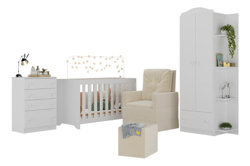 Encontraproduto.com.br - Quarto Infantil Completo com Poltrona de Amamentação e Puff Multimóveis MP4080 Branco/Cinza