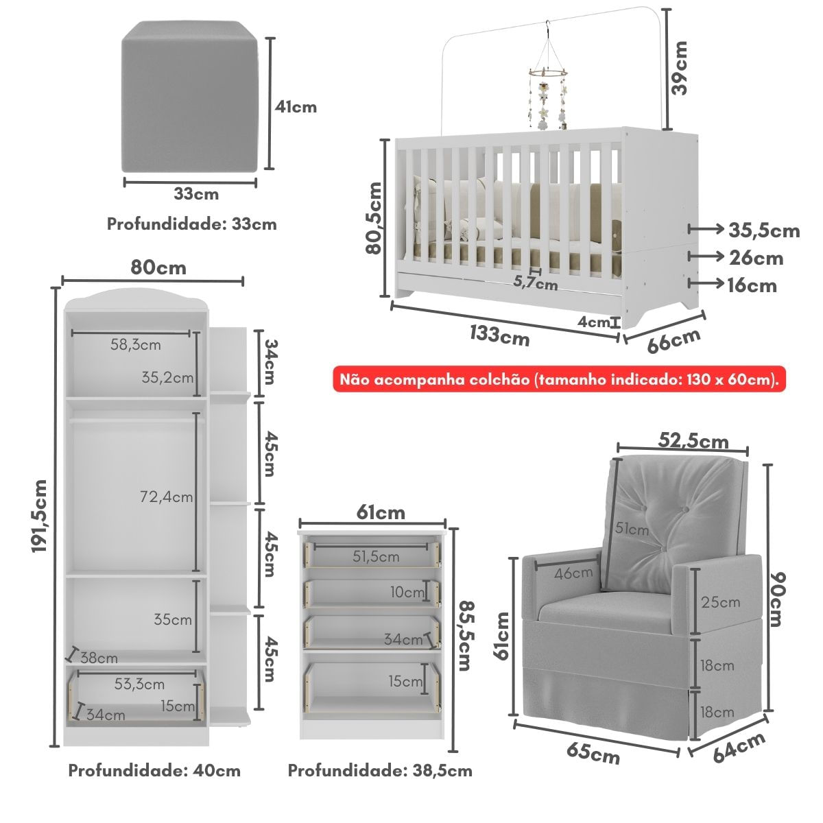 Encontraproduto.com.br - Quarto Infantil Completo com Poltrona de Amamentação e Puff Multimóveis MP4080 Branco/Cinza