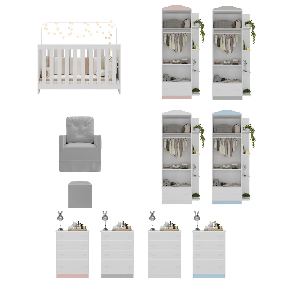 Encontraproduto.com.br - Quarto Infantil Completo com Poltrona de Amamentação e Puff Multimóveis MP4080 Branco/Cinza