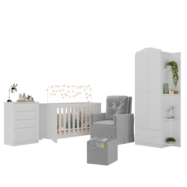 Encontraproduto.com.br - Quarto Infantil Completo com Poltrona de Amamentação e Puff Multimóveis MP4080 Branco/Cinza
