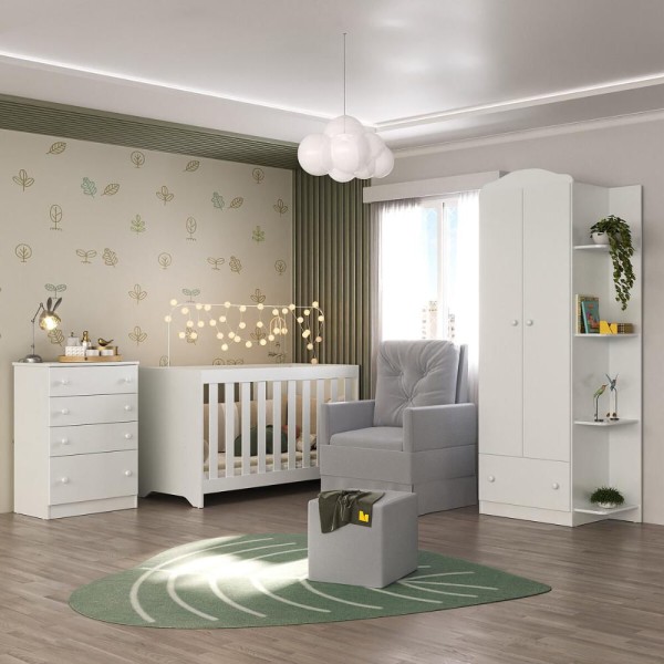 Encontraproduto.com.br - Quarto Infantil Completo com Poltrona de Amamentação e Puff Multimóveis MP4080 Branco/Cinza
