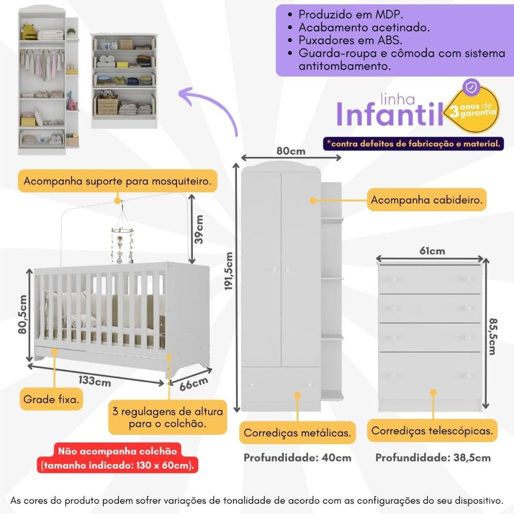 Encontraproduto.com.br - Quarto Infantil Completo com Poltrona de Amamentação e Puff Multimóveis MP4080 Branco/Cinza