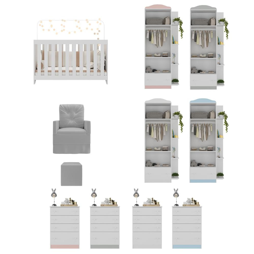 Encontraproduto.com.br - Quarto Infantil Completo com Poltrona de Amamentação e Puff Multimóveis MP4080 Branco/Cinza