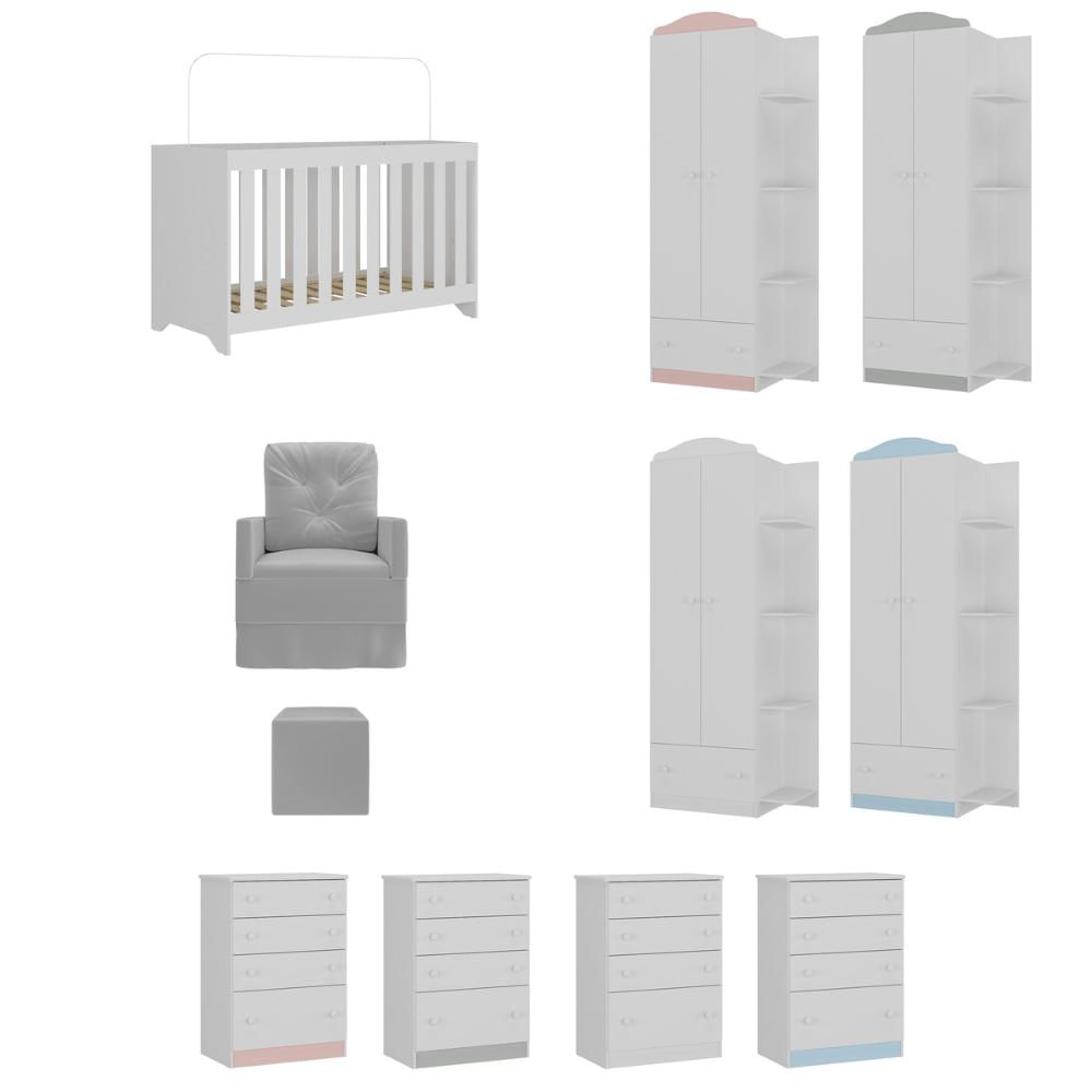 Encontraproduto.com.br - Quarto Infantil Completo com Poltrona de Amamentação e Puff Multimóveis MP4080 Branco/Cinza