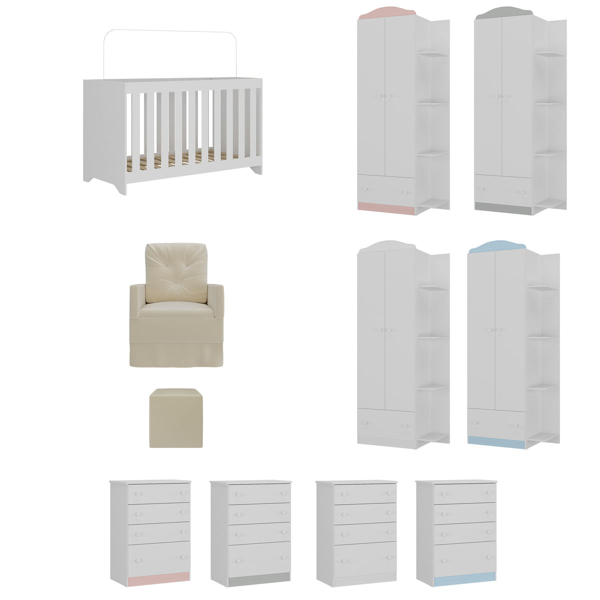 Encontraproduto.com.br - Quarto Infantil Completo com Poltrona de Amamentação e Puff Multimóveis MP4080 Branco/Bege