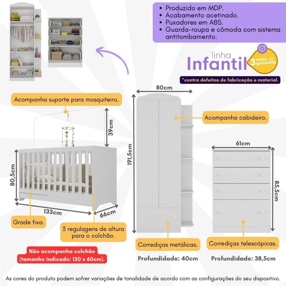Encontraproduto.com.br - Quarto Infantil Completo com Poltrona de Amamentação e Puff Multimóveis MP4080 Branco/Bege