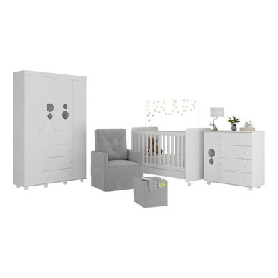 Quarto Completo com Poltrona de Amamentação e Puff Pimpolho Multimóveis MP4079 Branco/Bege