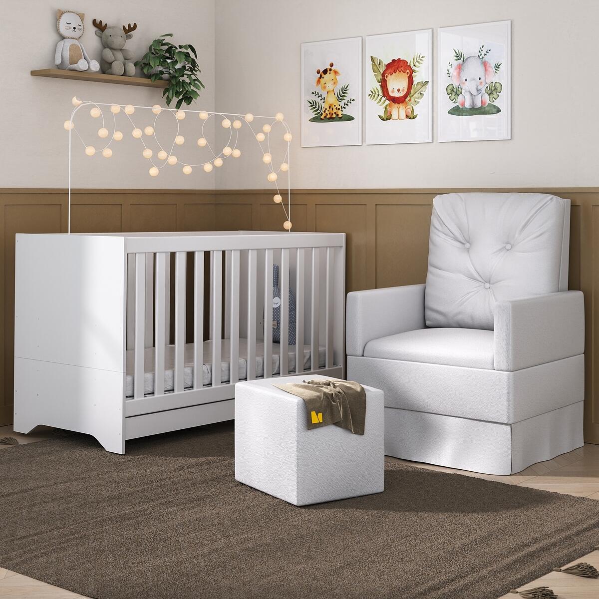 Encontraproduto.com.br - Berço 3x1 Com Poltrona De Amamentação E Puff Multimóveis Mp4082 Branco Branco