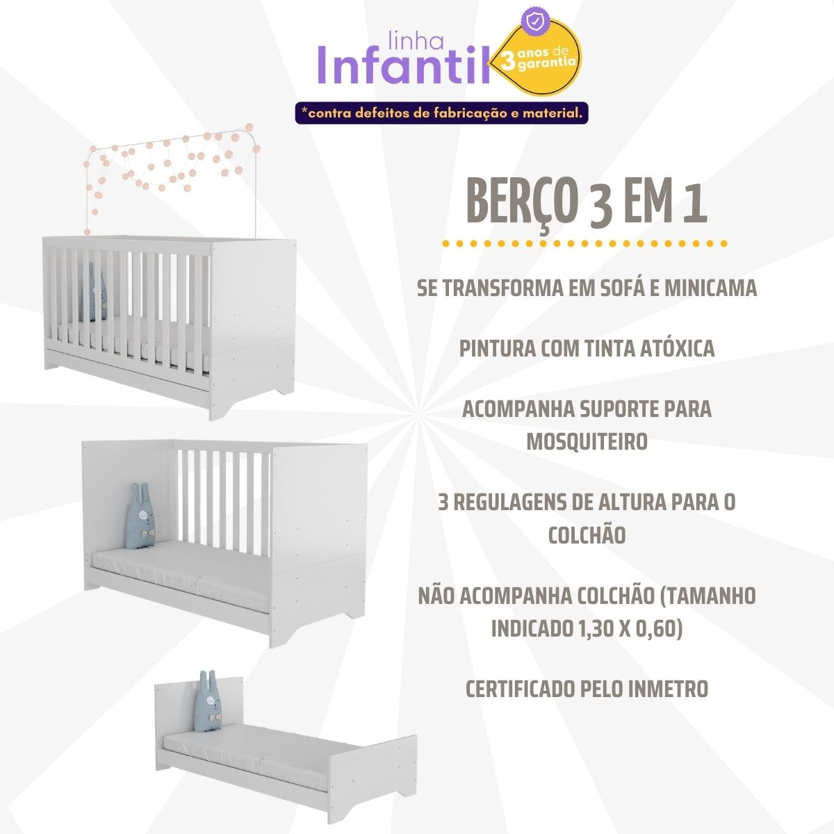 Encontraproduto.com.br - Berço 3x1 Com Poltrona De Amamentação E Puff Multimóveis Mp4082 Branco Branco
