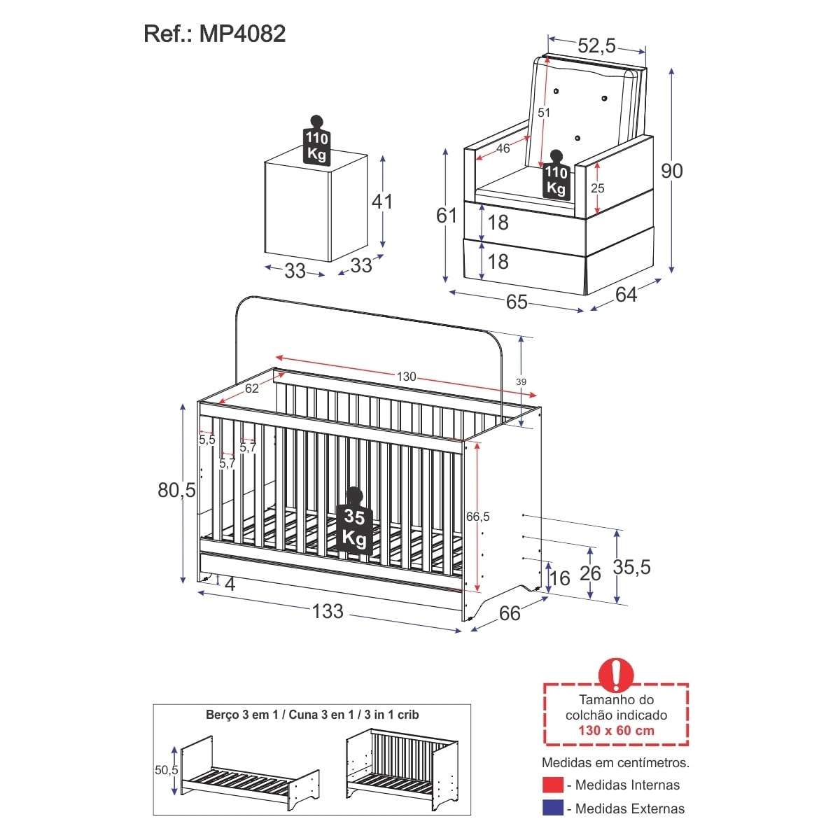 Encontraproduto.com.br - Berço 3x1 Com Poltrona De Amamentação E Puff Multimóveis Mp4082 Branco Branco