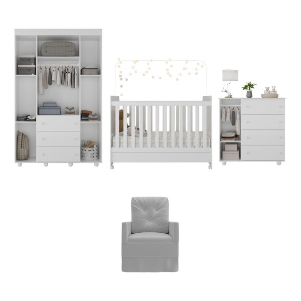 Encontraproduto.com.br - Quarto Completo com Colchão e Poltrona de Amamentação Pimpolho Multimóveis MP4091 Branco/Cinza