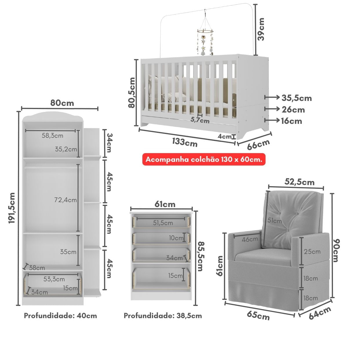 Encontraproduto.com.br - Quarto Completo com Colchão e Poltrona de Amamentação João e Maria Multimóveis MP4092 Branco/Cinza