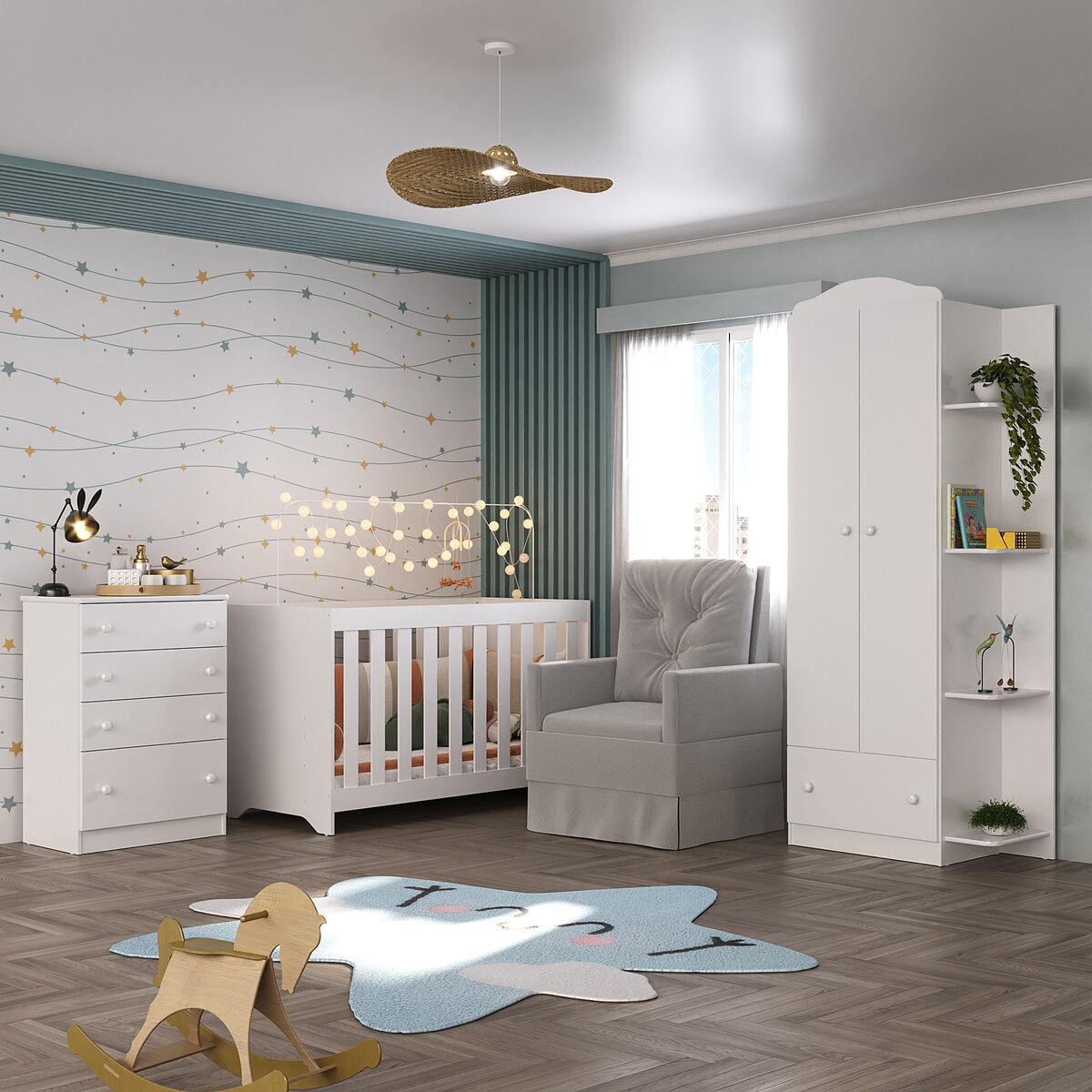 Encontraproduto.com.br - Quarto Completo com Colchão e Poltrona de Amamentação João e Maria Multimóveis MP4092 Branco/Cinza