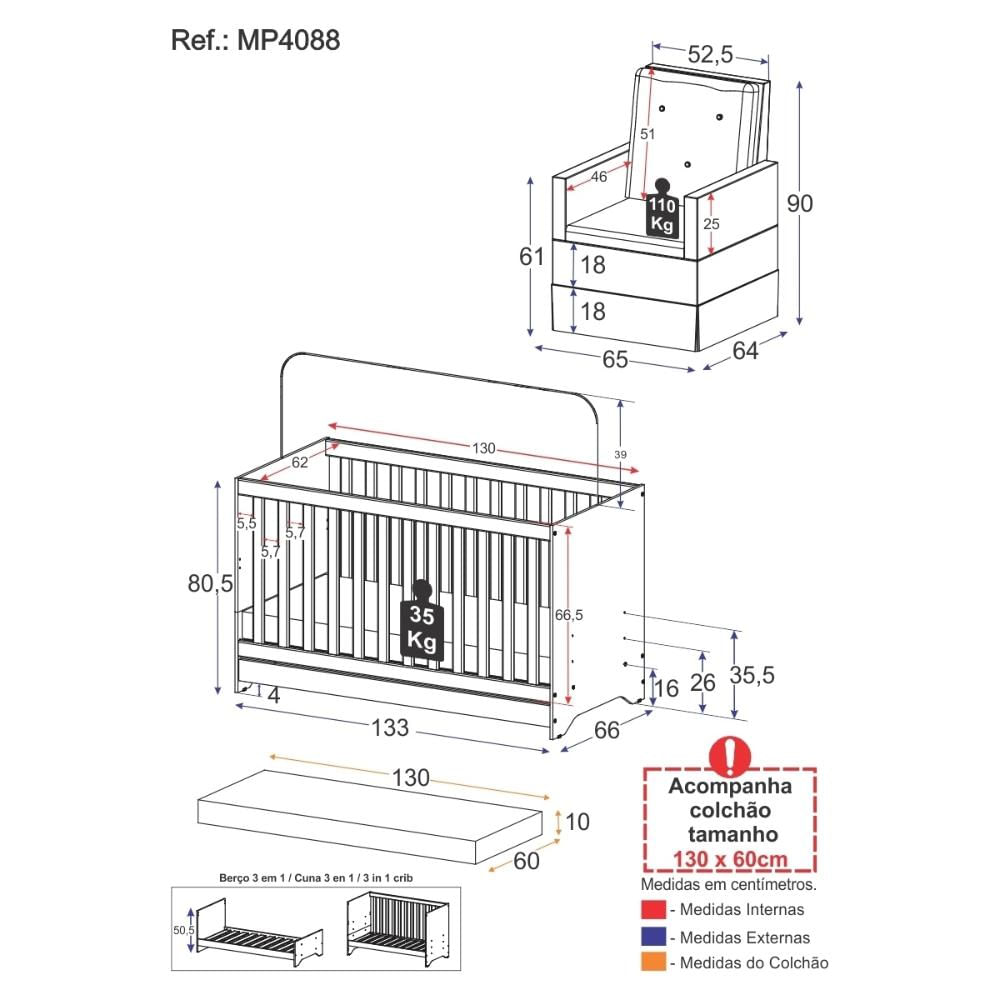 Encontraproduto.com.br - Berço 3x1 com Colchão Incluso e Poltrona de Amamentação Elza Multimóveis MP4088 Branco/Bege