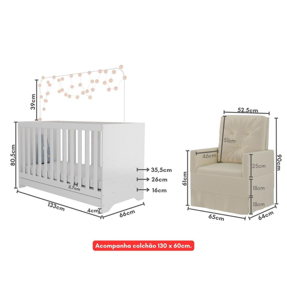 Encontraproduto.com.br - Berço 3x1 com Colchão Incluso e Poltrona de Amamentação Elza Multimóveis MP4088 Branco/Bege