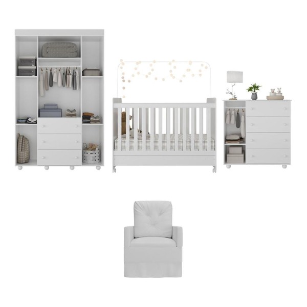 Encontraproduto.com.br - Quarto Completo com Colchão e Poltrona de Amamentação Pimpolho Multimóveis MP4097 Branco