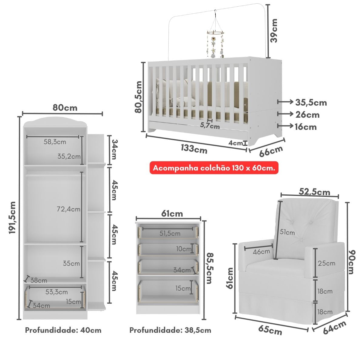 Encontraproduto.com.br - Quarto Completo com Colchão e Poltrona de Amamentação João e Maria Multimóveis MP4098 Branco