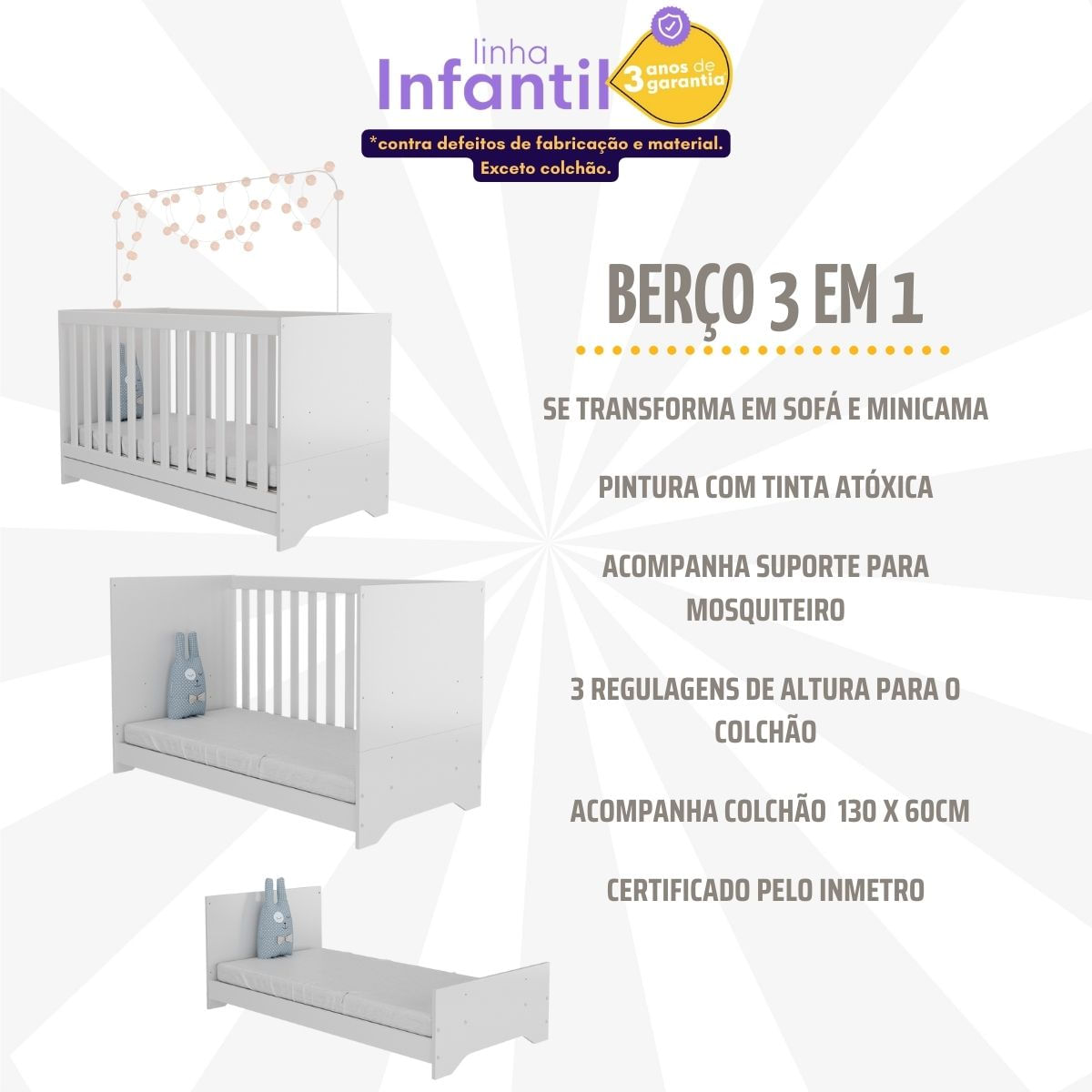 Encontraproduto.com.br - Berço 3X1 Com Colchão Incluso Poltrona De Amamentação E Puff Mp4100 Branco/Cinza Branco/Cinza