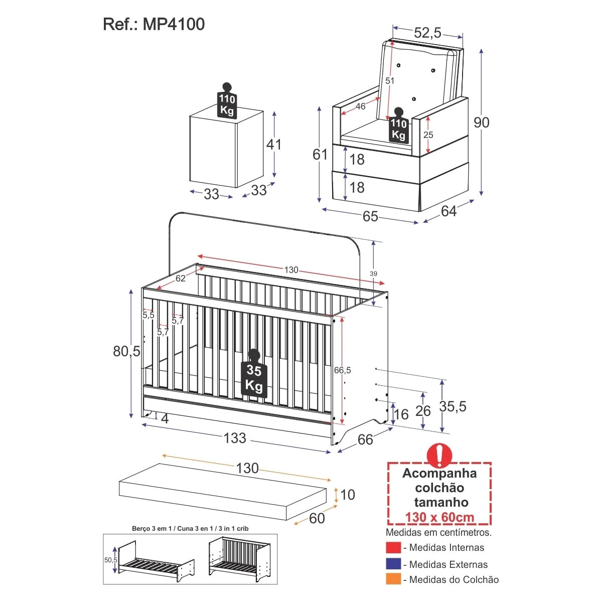 Encontraproduto.com.br - Berço 3X1 Com Colchão Incluso Poltrona De Amamentação E Puff Mp4100 Branco/Cinza Branco/Cinza