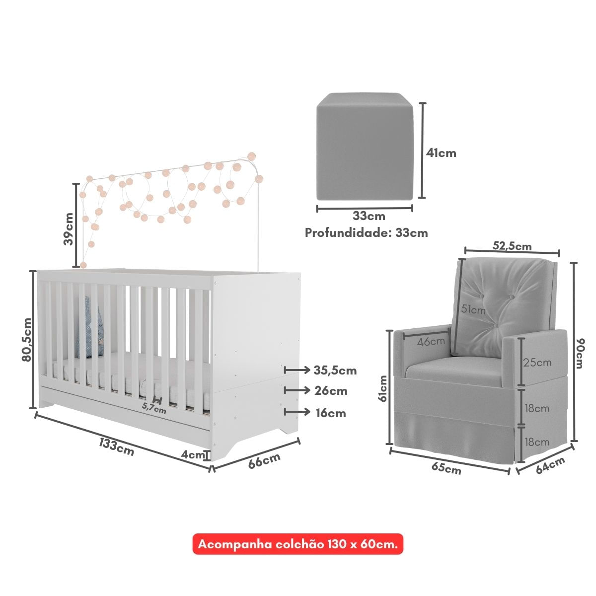 Encontraproduto.com.br - Berço 3X1 Com Colchão Incluso Poltrona De Amamentação E Puff Mp4100 Branco/Cinza Branco/Cinza