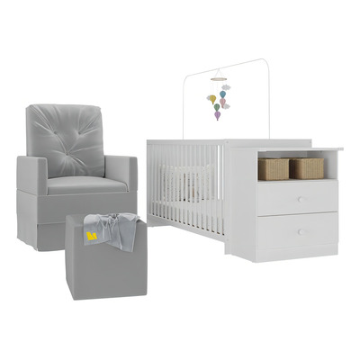 Berço Cômoda Com Colchão, Poltrona De Amamentação E Puff Meu Bebê Multimóveis Mp4102 Branco/cinza Branco/cinza