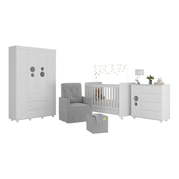 Encontraproduto.com.br - Quarto Completo com Colchão, Poltrona de Amamentação e Puff Pimpolho Multimóveis MP4103 Branco/Cinza