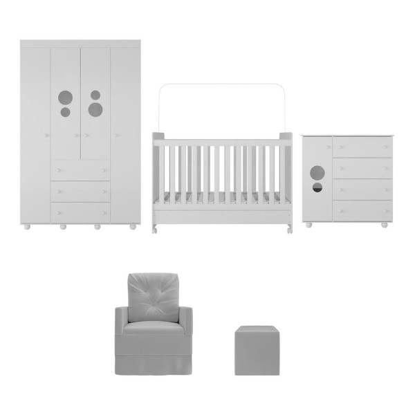 Encontraproduto.com.br - Quarto Completo com Colchão, Poltrona de Amamentação e Puff Pimpolho Multimóveis MP4103 Branco/Cinza