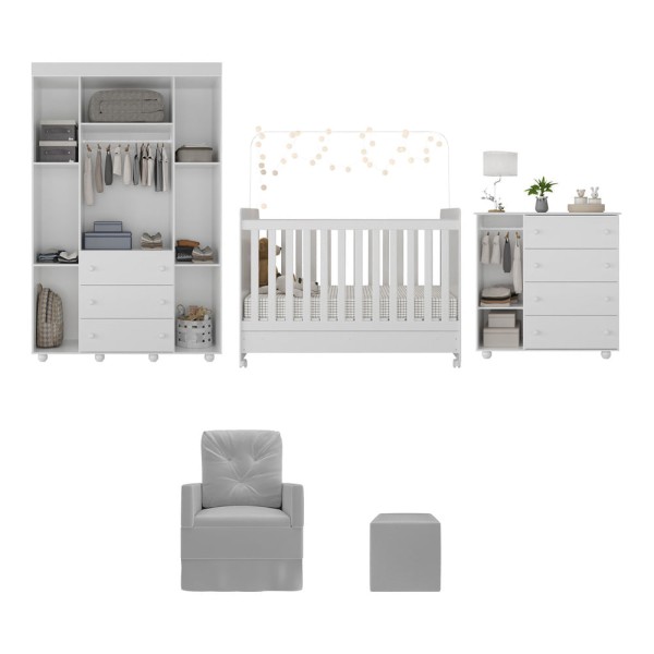 Encontraproduto.com.br - Quarto Completo com Colchão, Poltrona de Amamentação e Puff Pimpolho Multimóveis MP4103 Branco/Cinza