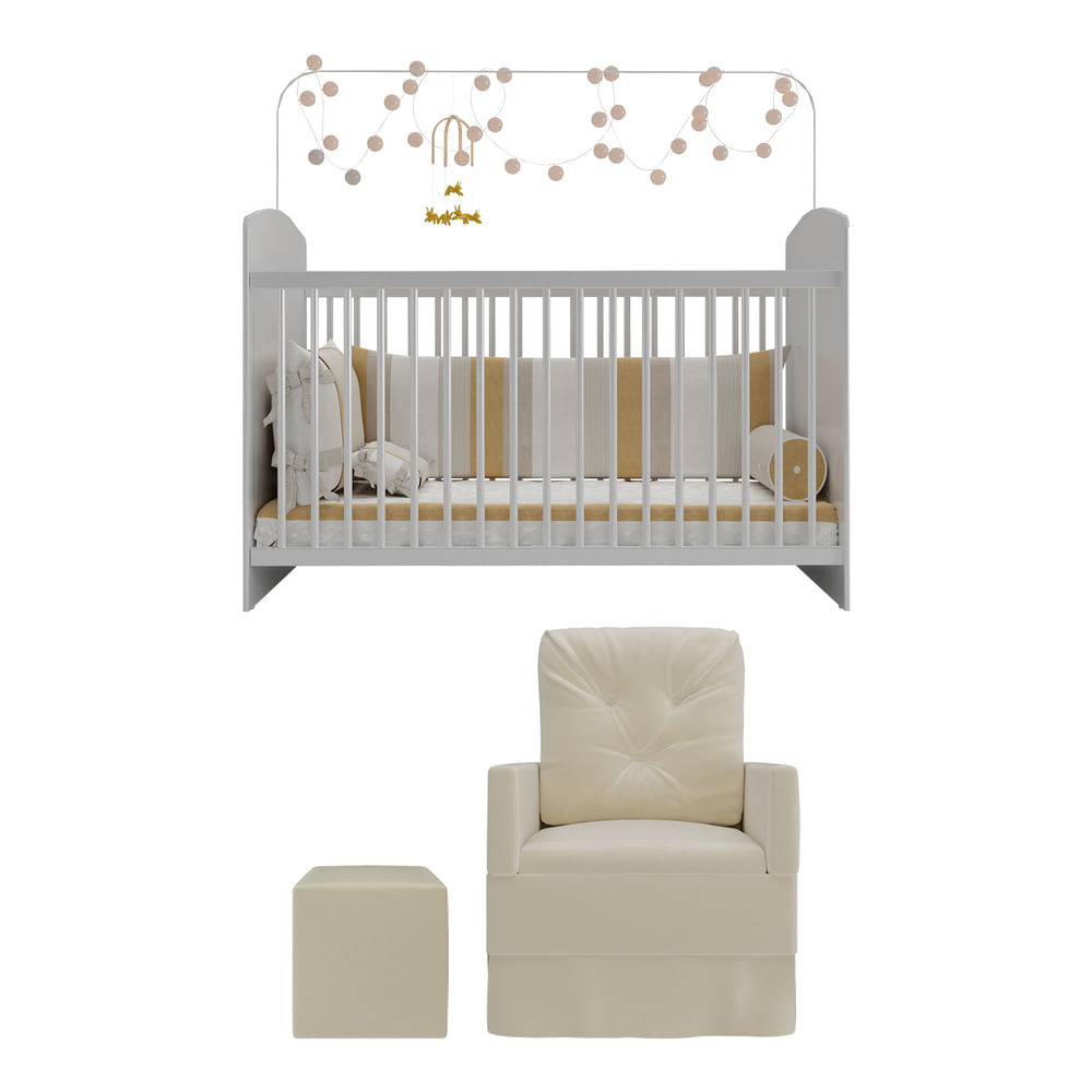Encontraproduto.com.br - Berço com Colchão Incluso Poltrona de Amamentação e Puff Olaf Multimóveis MP4099 Branco/Bege