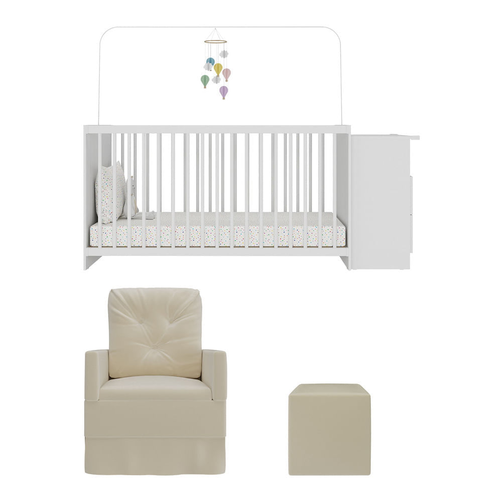 Encontraproduto.com.br - Berço Cômoda Com Colchão, Poltrona De Amamentação E Puff Meu Bebê Multimóveis Mp4102 Branco/bege Branco/bege