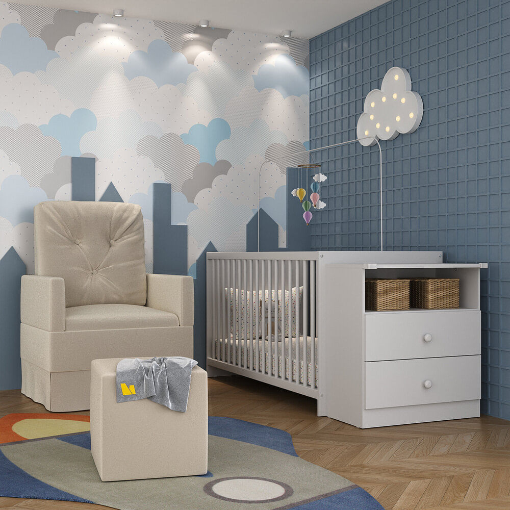Encontraproduto.com.br - Berço Cômoda Com Colchão, Poltrona De Amamentação E Puff Meu Bebê Multimóveis Mp4102 Branco/bege Branco/bege